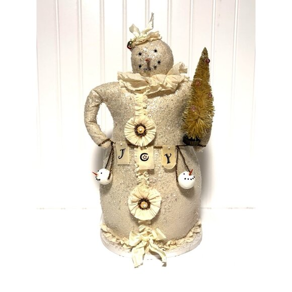 Bethany Lowe Snowman Holding JOY Banner Glitter Vintage Christmas Large 15” - Picture 1 of 10